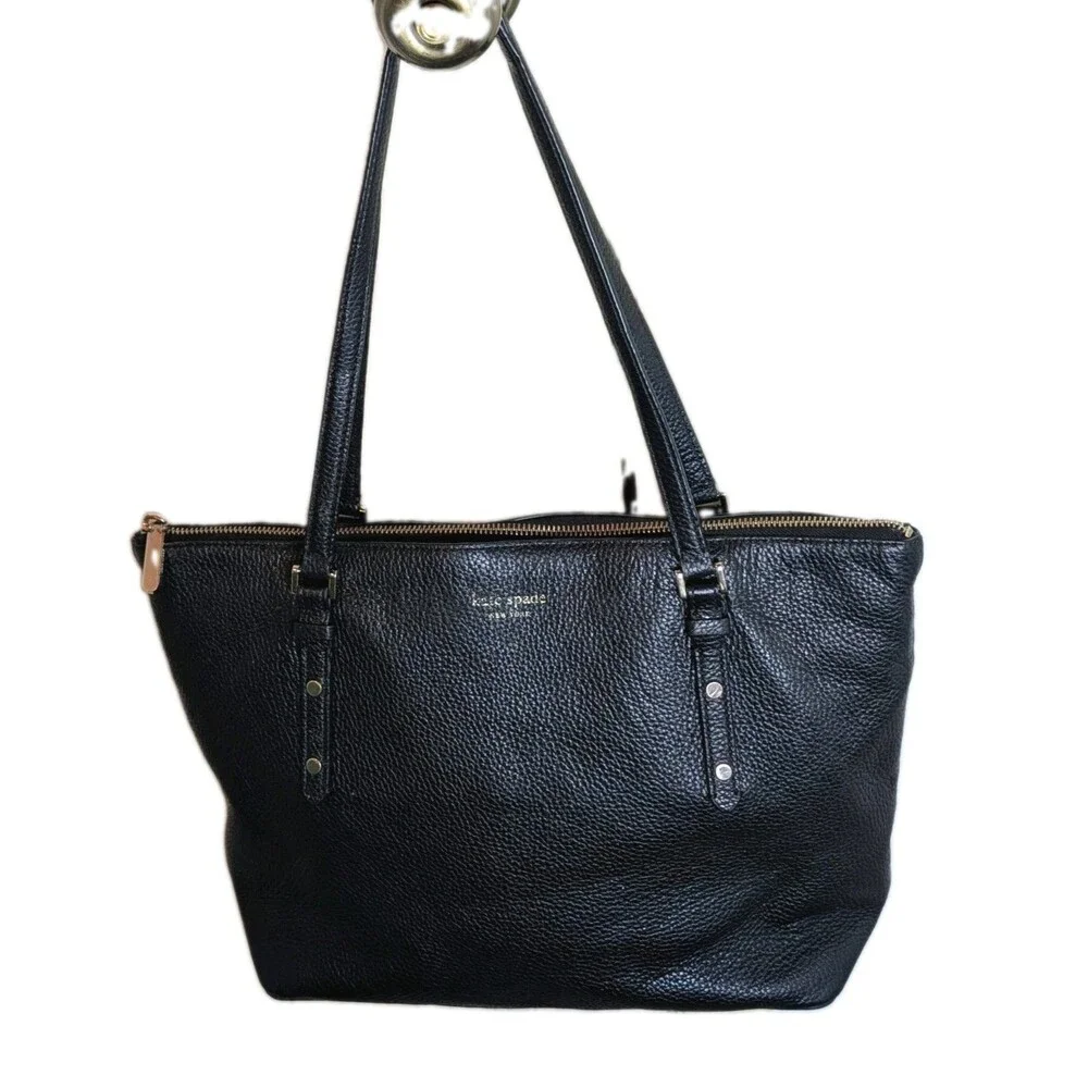 Kate Spade Black Pebbled Leather Shoulder Tote Bag Zip Top Designer
